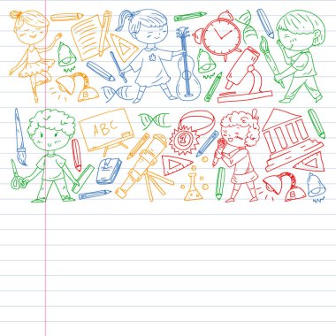 Sevimli okul çocukları. Hayal gücü ve yaratıcılık. Çal ve öğren, şarkı söyle, dans et, oku, çizim yap.