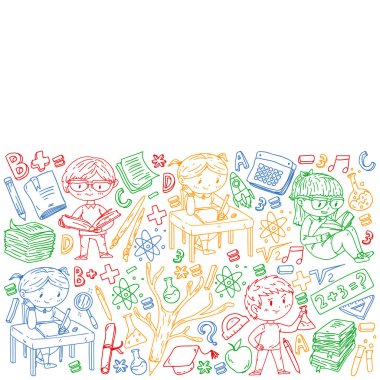 Okula geri dön. Vektör simgeleri ve küçük çocuklar için öğeleri, kolej, online kurslar. Doodle tarzı, çocuk çizim