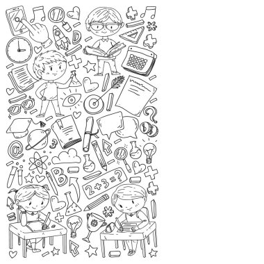 Okula geri dön. Kitap, eğitim unsuru ve küçük öğrencilerle desen. Çocuklar, matematik öğrenen çocuklar, coğrafya, geometri, fizik, kimya