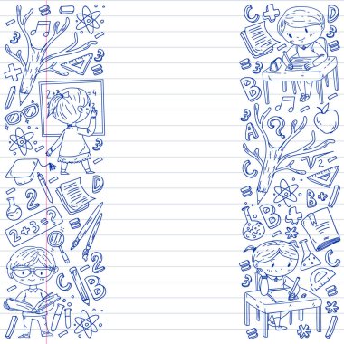Okula geri dön. Vektör simgeleri ve küçük çocuklar için öğeleri, kolej, online kurslar. Doodle tarzı, çocuk çizim