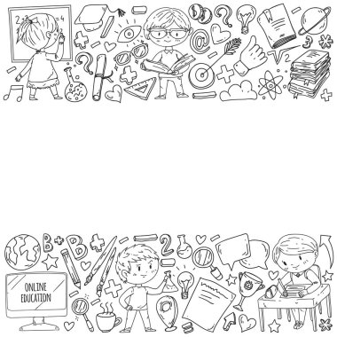 Okula geri dön. Kitap, eğitim unsuru ve küçük öğrencilerle desen. Çocuklar, matematik öğrenen çocuklar, coğrafya, geometri, fizik, kimya