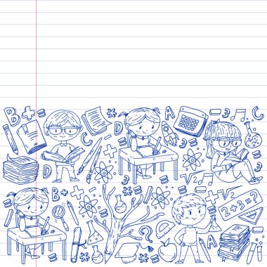 Okula geri dön. Vektör simgeleri ve küçük çocuklar için öğeleri, kolej, online kurslar. Doodle tarzı, çocuk çizim