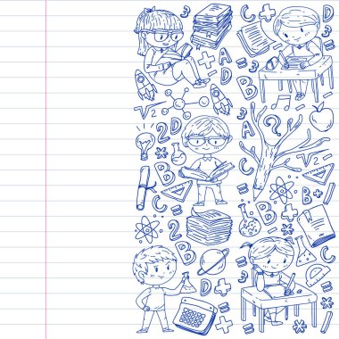 Okula geri dön. Vektör simgeleri ve küçük çocuklar için öğeleri, kolej, online kurslar. Doodle tarzı, çocuk çizim