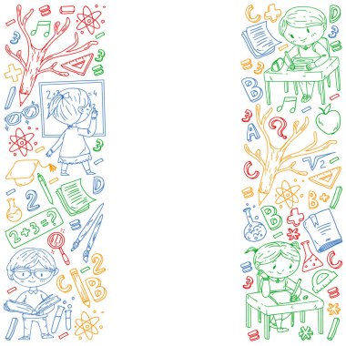 Okula geri dön. Vektör simgeleri ve küçük çocuklar için öğeleri, kolej, online kurslar. Doodle tarzı, çocuk çizim