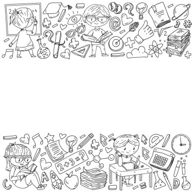 Okula geri dön. Kitap, eğitim unsuru ve küçük öğrencilerle desen. Çocuklar, matematik öğrenen çocuklar, coğrafya, geometri, fizik, kimya