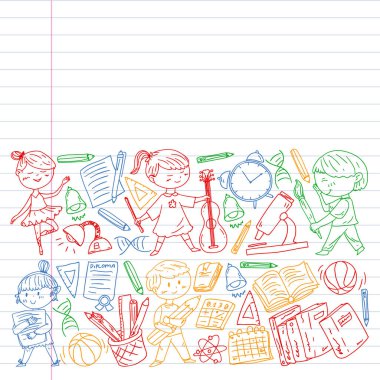 Sevimli okul çocukları. Hayal gücü ve yaratıcılık. Çal ve öğren, şarkı söyle, dans et, oku, çizim yap.