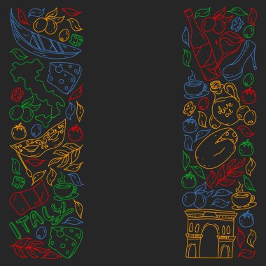 İtalya. Restoran, kafe ve arka planlar için bir takım ikonlar. Kolezyum, Roma, Pisa, Venedik. Peynir ve Pizza..