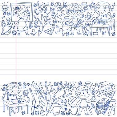 Okula geri dön. Vektör simgeleri ve küçük çocuklar için öğeleri, kolej, online kurslar. Doodle tarzı, çocuk çizim