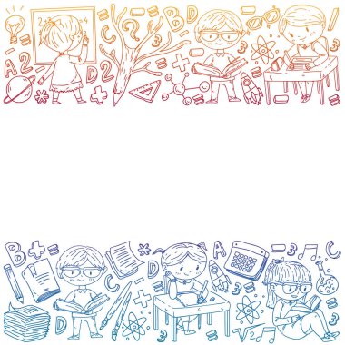 Okula geri dön. Vektör simgeleri ve küçük çocuklar için öğeleri, kolej, online kurslar. Doodle tarzı, çocuk çizim