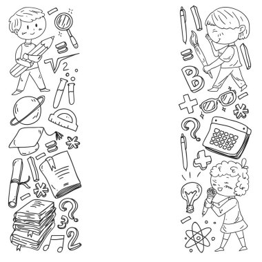 Sevimli okul çocukları. Hayal gücü ve yaratıcılık. Çal ve öğren, şarkı söyle, dans et, oku, çizim yap.