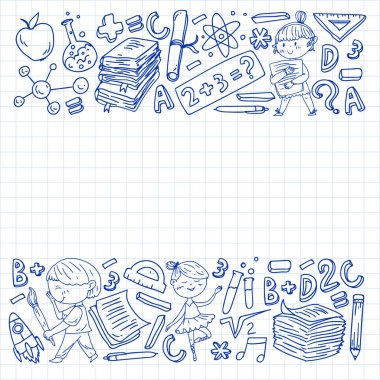 Sevimli okul çocukları. Hayal gücü ve yaratıcılık. Çal ve öğren, şarkı söyle, dans et, oku, çizim yap.