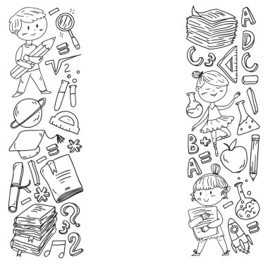 Sevimli okul çocukları. Hayal gücü ve yaratıcılık. Çal ve öğren, şarkı söyle, dans et, oku, çizim yap.