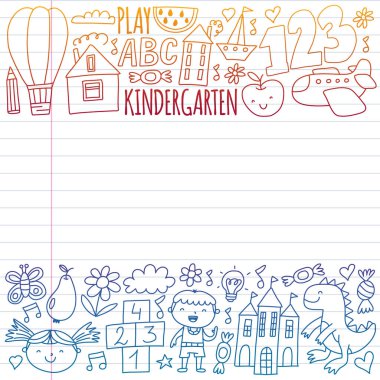 Anaokulu afişleri için vektör deseni, ay, gezegen, uzay gemisi, roket, güneş, meyve, ev, çiçek posterleri. Yaratıcılık ve hayal gücü.