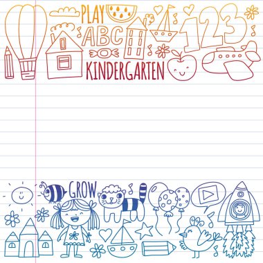 Anaokulu afişleri için vektör deseni, ay, gezegen, uzay gemisi, roket, güneş, meyve, ev, çiçek posterleri. Yaratıcılık ve hayal gücü.