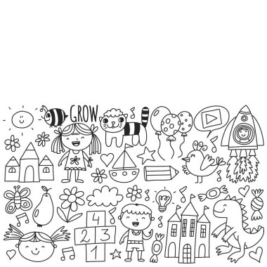 Anaokulu afişleri için vektör deseni, ay, gezegen, uzay gemisi, roket, güneş, meyve, ev, çiçek posterleri. Yaratıcılık ve hayal gücü.