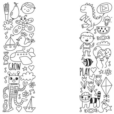 Anaokulu afişleri için vektör deseni, ay, gezegen, uzay gemisi, roket, güneş, meyve, ev, çiçek posterleri. Yaratıcılık ve hayal gücü.