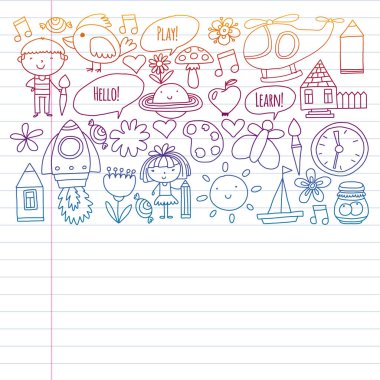 Küçük çocuklar ile vektör deseni. Anaokulu, oyun ve birlikte büyümek. Doodle tarzında oyuncaklar ve çocuklar simgeleri