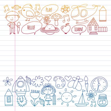 Küçük çocuklar ile vektör deseni. Anaokulu, oyun ve birlikte büyümek. Doodle tarzında oyuncaklar ve çocuklar simgeleri