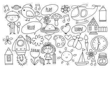 Küçük çocuklar ile vektör deseni. Anaokulu, oyun ve birlikte büyümek. Doodle tarzında oyuncaklar ve çocuklar simgeleri