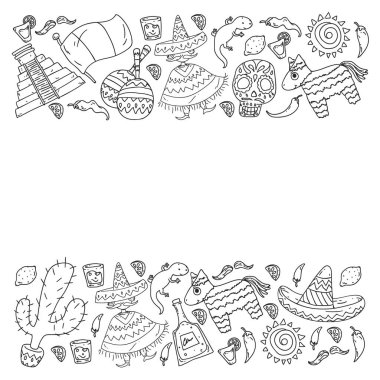 Meksika 'ya git. Duvar kağıtları ve arka planlar için etnik elemelere sahip bir vektör ayarlandı. Ölüler Günü. Şeker kafatası.