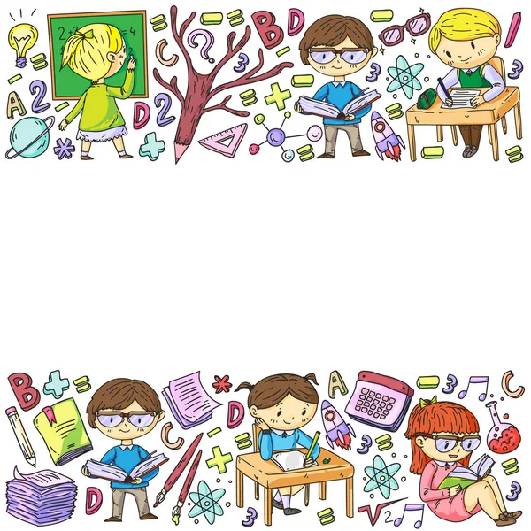 Torniamo a scuola. Icone vettoriali ed elementi per bambini piccoli, college, corsi online. Stile Doodle, disegno per bambini — Vettoriale Stock