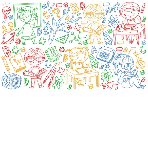 Zurück zur Schule. Vektor-Symbole und Elemente für kleine Kinder, College, Online-Kurse. Doodle-Stil, Kinder zeichnen — Stockvektor