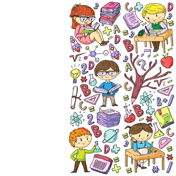 De volta à escola. Ícones vetoriais e elementos para crianças pequenas, faculdade, cursos on-line. Doodle estilo, crianças desenho — Vetor de Stock