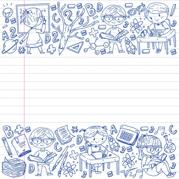 De volta à escola. Ícones vetoriais e elementos para crianças pequenas, faculdade, cursos on-line. Doodle estilo, crianças desenho —  Vetores de Stock