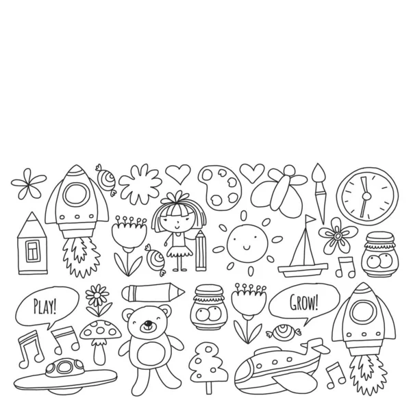 Vector pattern with little children. Kindergarten, play and grow together. Icons of toys and kids in doodle style — Stock Vector