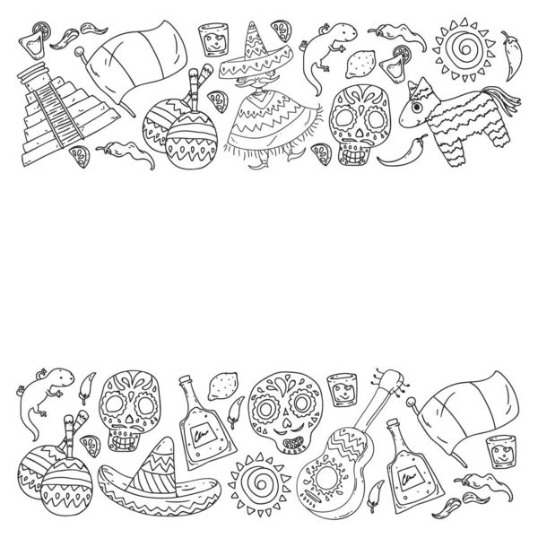 Viajar a México. Set de vectores con elementos étnicos para fondos de pantalla, fondos. Día de los Muertos. Cráneo de azúcar . — Archivo Imágenes Vectoriales