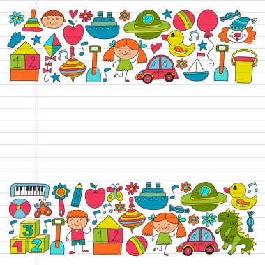 Anaokulu anaokulu çocukları. Çocuklar stil vektör modeli çiziyor. Birlikte büyümeyi öğrenin..