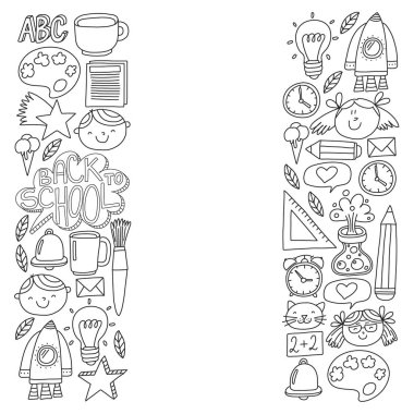 Posterler, afişler, kapaklar için okul simgelerine geri dönen vektör deseni. Çocuklar, çocuk eğitimi.