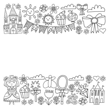 Küçük kızlar için vektör deseni. Mutlu doğum günü partisi için Prenses illüstrasyon. Kara tahta tebeşir illüstrasyon