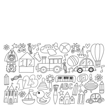 Anaokulu anaokulu çocukları. Çocuklar stil vektör modeli çiziyor. Birlikte büyümeyi öğrenin..