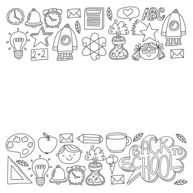 Posterler, afişler, kapaklar için okul simgelerine geri dönen vektör deseni. Çocuklar, çocuk eğitimi.