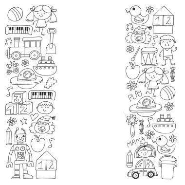 Anaokulu anaokulu çocukları. Çocuklar stil vektör modeli çiziyor. Birlikte büyümeyi öğrenin..