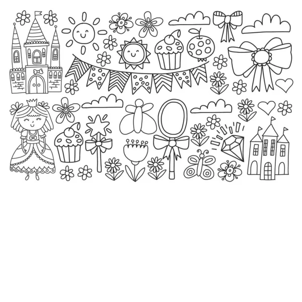 Vektormuster für kleine Mädchen. Prinzessin Illustration für Happy Birthday Party. Tafelkreide — Stockvektor