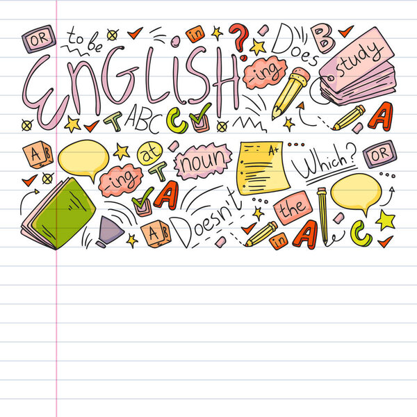 English courses. Doodle vector concept illustration of learning english language.