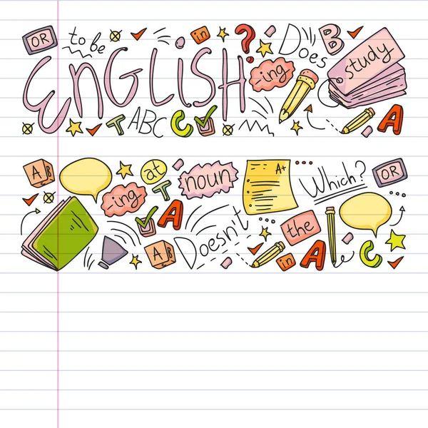 Cursos de inglés. Concepto vectorial de Doodle ilustración del aprendizaje del idioma inglés . — Vector de stock