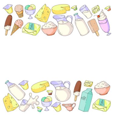 Süt, tereyağı, süzme peynir, ekşi krema, peynir, yoğurt, dondurma, krema simgeleri ile Vektör desen. Süt ürünlerinin toplanması.