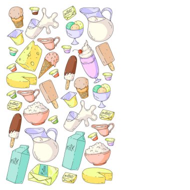 Süt, tereyağı, süzme peynir, ekşi krema, peynir, yoğurt, dondurma, krema simgeleri ile Vektör desen. Süt ürünlerinin toplanması.