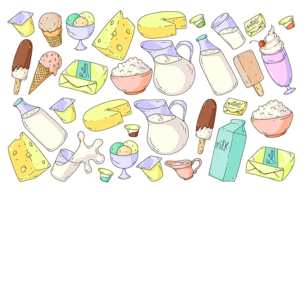 Vector pattern with icons of milk, butter,cottage cheese, sour cream, cheese, yogurt, ice cream, cream. Collection of dairy products. — Stock Vector