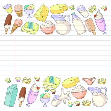 Süt, tereyağı, süzme peynir, ekşi krema, peynir, yoğurt, dondurma, krema simgeleri ile Vektör desen. Süt ürünlerinin toplanması.