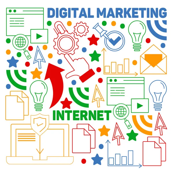 Modello di marketing digitale con icone vettoriali. Gestione, start up, business, tecnologia internet . — Vettoriale Stock