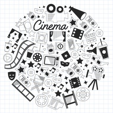 Sinema simgeleri ile vektör deseni. Sinema, Tv, patlamış mısır, video klipler, müzikal