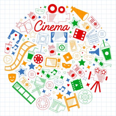 Sinema simgeleri ile vektör deseni. Sinema, Tv, patlamış mısır, video klipler, müzikal