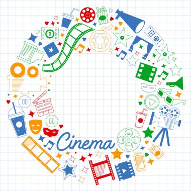 Sinema simgeleri ile vektör deseni. Sinema, Tv, patlamış mısır, video klipler, müzikal
