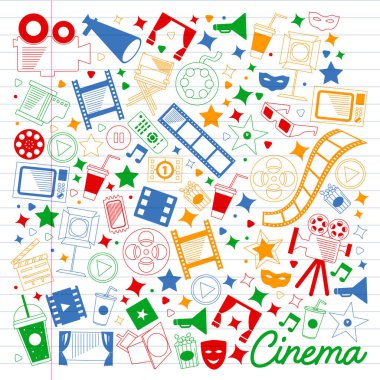 Sinema simgeleri ile vektör deseni. Sinema, Tv, patlamış mısır, video klipler, müzikal