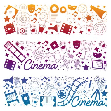 Sinema simgeleri ile vektör deseni. Sinema, Tv, patlamış mısır, video klipler, müzikal