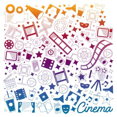 Sinema simgeleri ile vektör deseni. Sinema, Tv, patlamış mısır, video klipler, müzikal